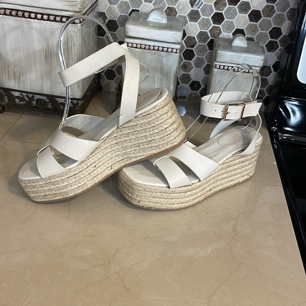 ZARA Ivory Espadrille Wedge Chunky Ankle Strap Sandal Size 37